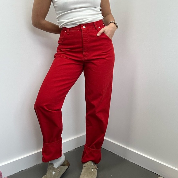 ⛔️SOLD⛔️Vintage 80’s Red High Rise Straight Leg Jeans Lattice Triangle Back Siz - Picture 3 of 9